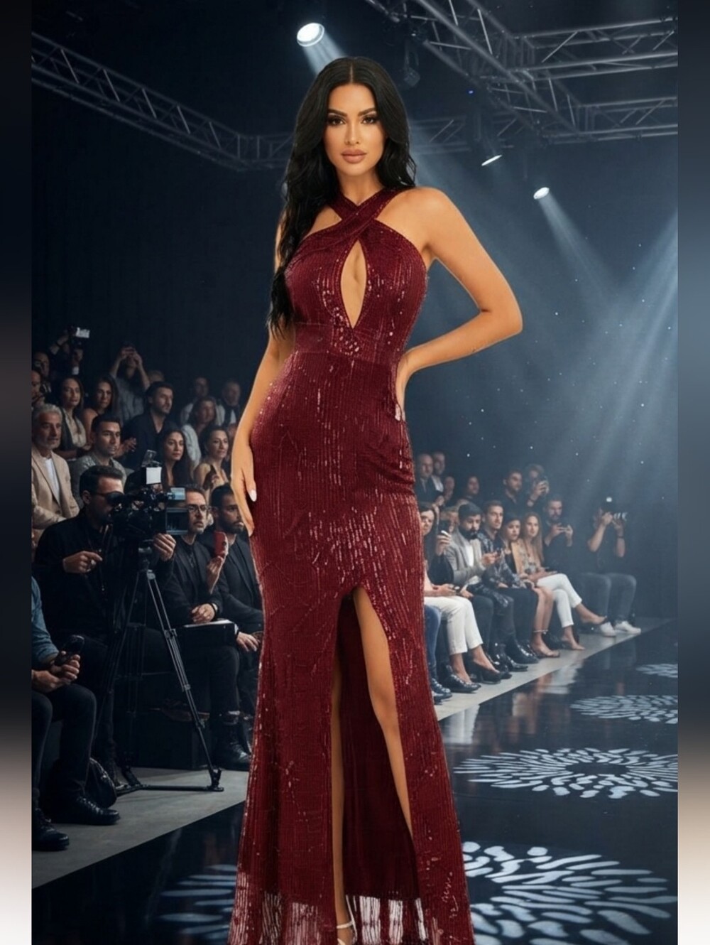 Burgundy Cami, Split Thigh, Sleeveless, Sequined Gown